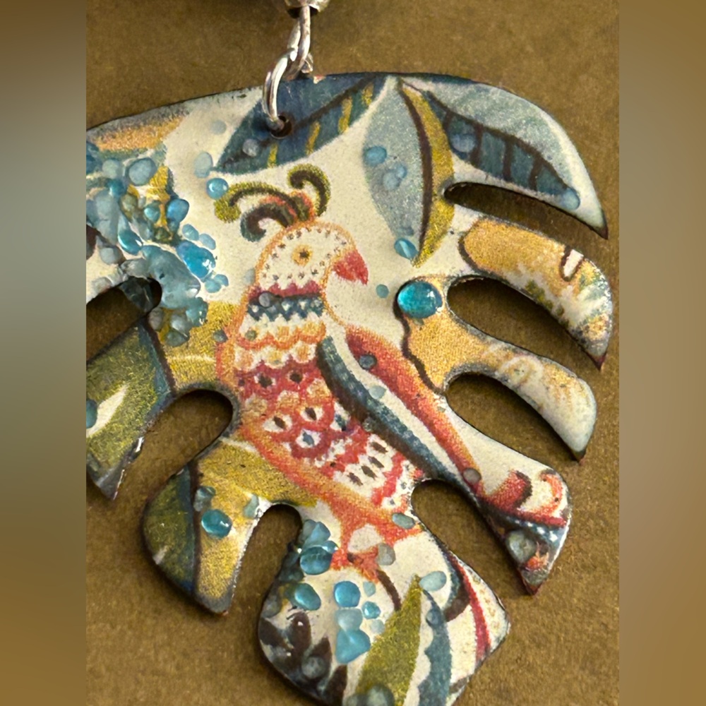 Earrings NWOT Artisan “Cockatiel, too” leaves Enamel Copper, ceramic beads 2.7” - Picture 12 of 14